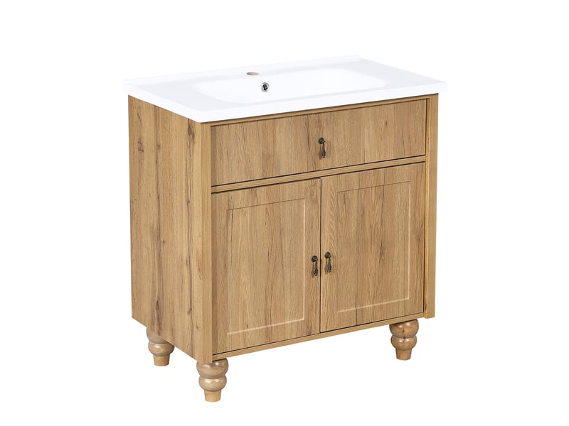  Meuble sous vasque 81x47x86 cm - grand rangement - mdf - mobilier fonctionnel - vasque intégrée - rangement sous lavabo - bois naturel CozyNest - Conforama A
