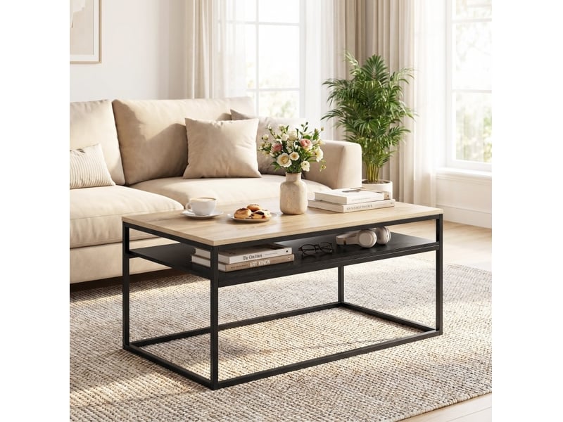  Table basse avec étagère, décor chêne et structure noire, 100 x 59,8 x 47 cm  - Conforama B