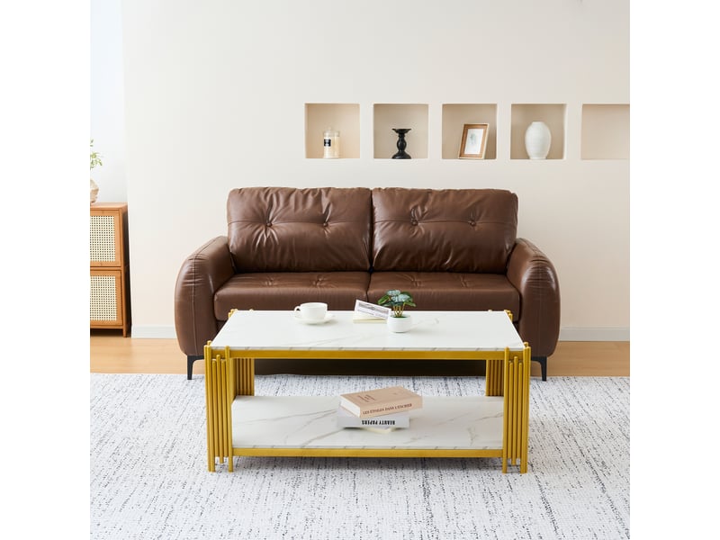  Table basse rectangulaire blanc et or - plateau effet marbre, pieds métal - 114x64x46 cm  - Conforama D