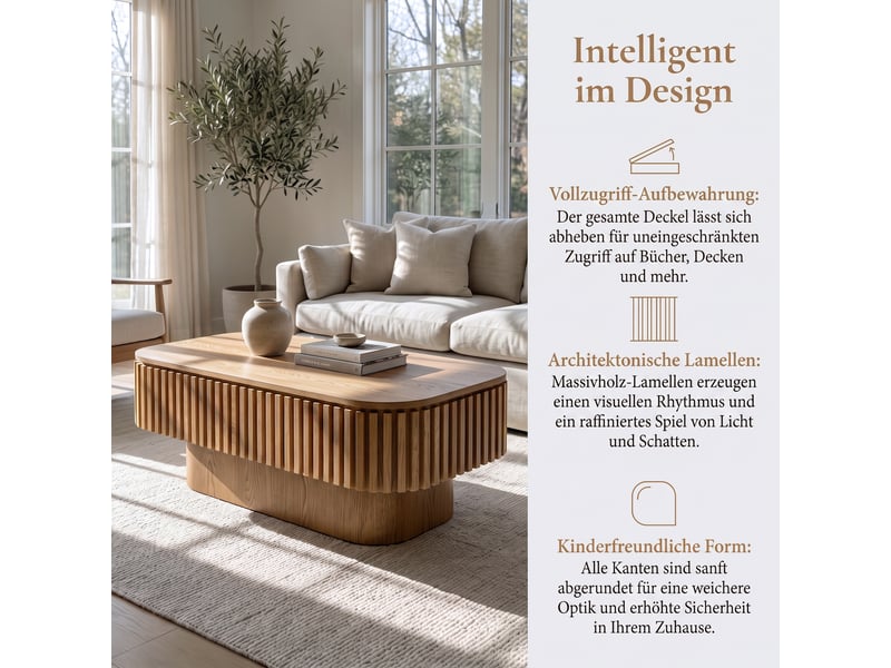 Table basse rectangulaire avec rangement caché - lpospi - plateau amovible cannelé bois massif et mdf bois naturel - Conforama E