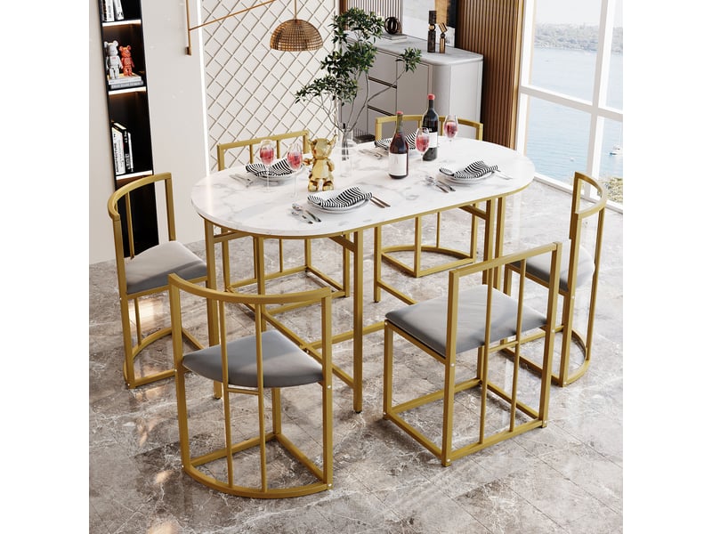  Ensemble salle à manger comprenant une table blanche et 6 chaises grises à structure métal doré, design contemporain.  - Conforama B