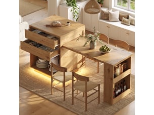 Îlot de cuisine extensible, 194,5 × 70 × 94 cm, 1 porte et 4 tiroirs, mdf, naturel, plateau extensible de 122 à 194,5 cm