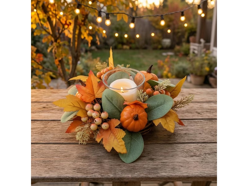  Couronne de bougie décorative feuilles d'érable – décoration automnale pour bougie pilier-style 5  - Conforama E