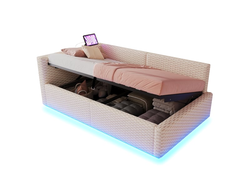  Lit coffre simple 90×200 cm avec led, 2 usb et type-c - okmyhome- rangement hydraulique, velours beige, sans matelas  - Conforama A