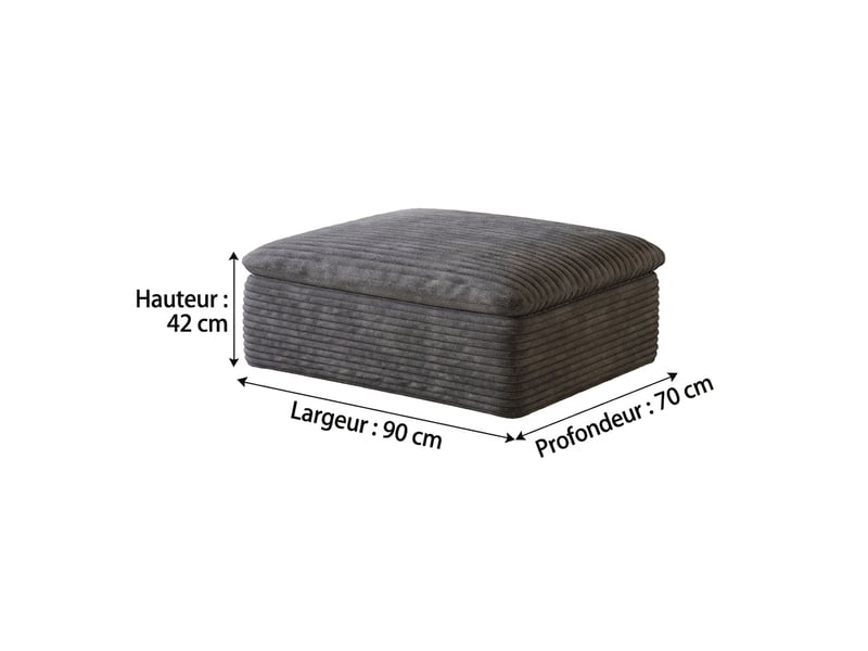  Pouf modulable en velours côtelé gris foncé, tout mousse, 90 x 70 x 42 cm  - Conforama C