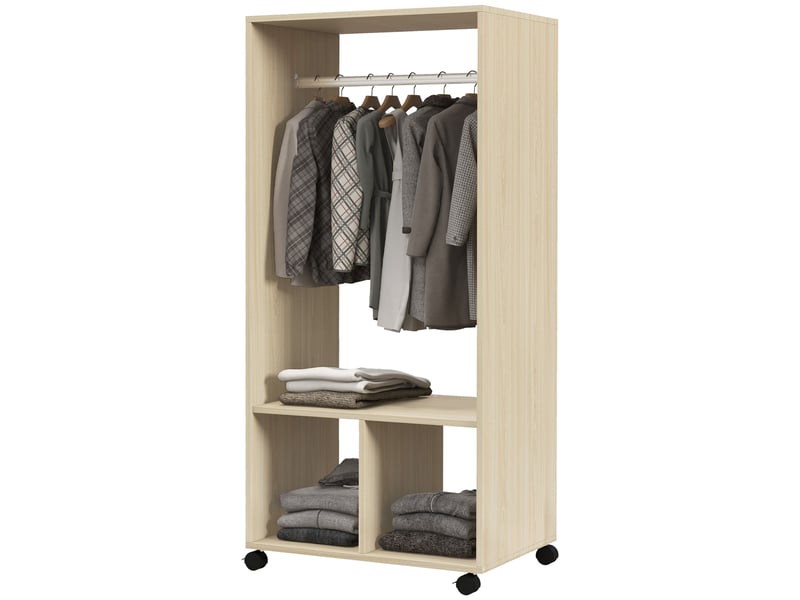 Armoire à roulettes avec tringle et étagères pour vêtements suspendus et pliés, 60 x 40 x 128 cm, naturel  - Conforama B