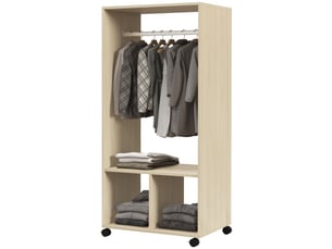 Armoire à roulettes avec tringle et étagères pour vêtements suspendus et pliés, 60 x 40 x 128 cm, naturel