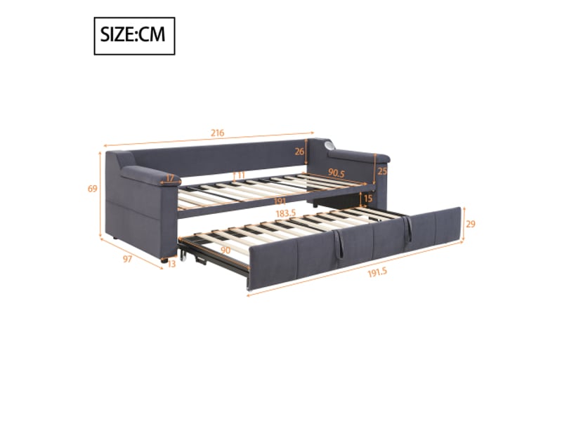  Lit gigogne 90x190 cm, lit enfant avec accoudoirs, système bluetooth et prise usb, tissu en velours gris foncé, sans matelas  - Conforama D