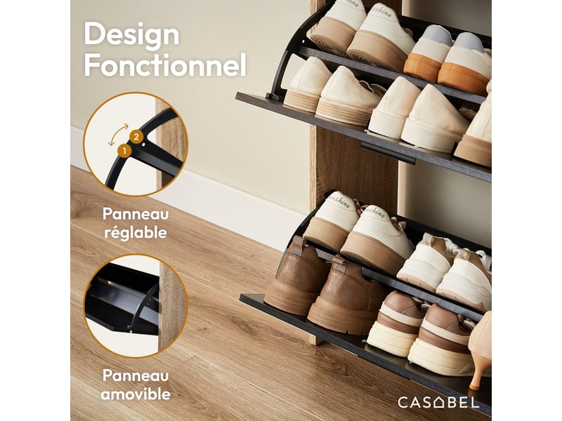  Casabel meuble à chaussures 24 paires, étagères ajustables, gain de place, portes noires et cadre bois clair 24 Paires Noir Bois Clair - Conforama D