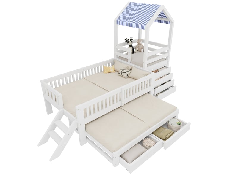  Lit mezzanine enfant 90 × 200 cm avec lit gigogne, escalier, tiroirs et toit en tissu pour chambre  - Conforama A