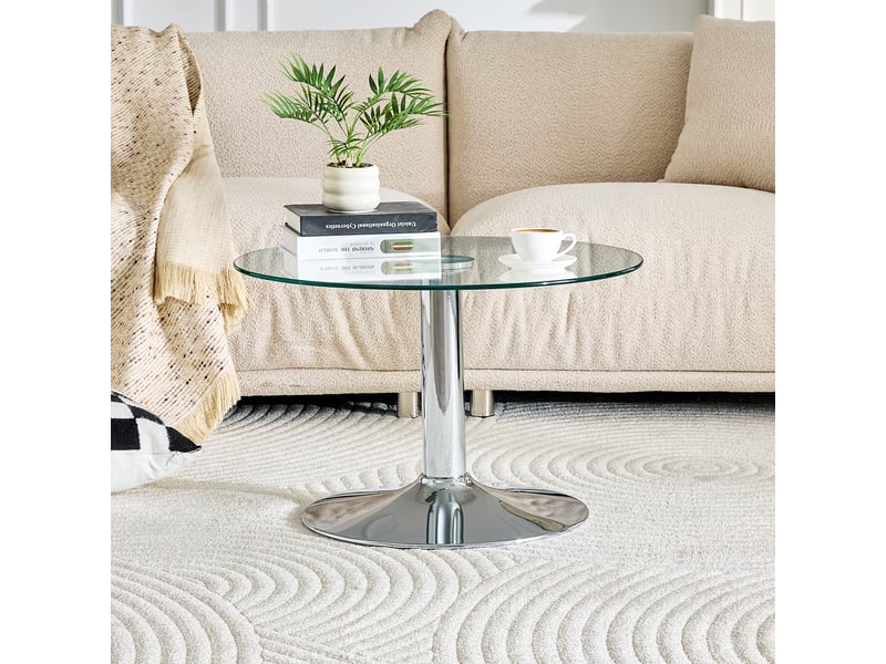  Table basse ronde avec plateau en verre trempé pour salon ø70×45 cm structure en métal argenté  - Conforama C
