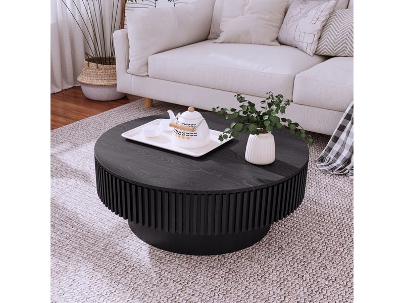 Table basse avec rangement plateau rond bois massif placage coloris noir style moderne - Conforama D