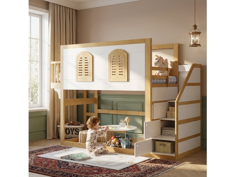  Lit mezzanine 90x200 cm avec armoire d’escalier, espace de jeu et fenêtres, bois, blanc et nature, sans matelas  - Conforama C