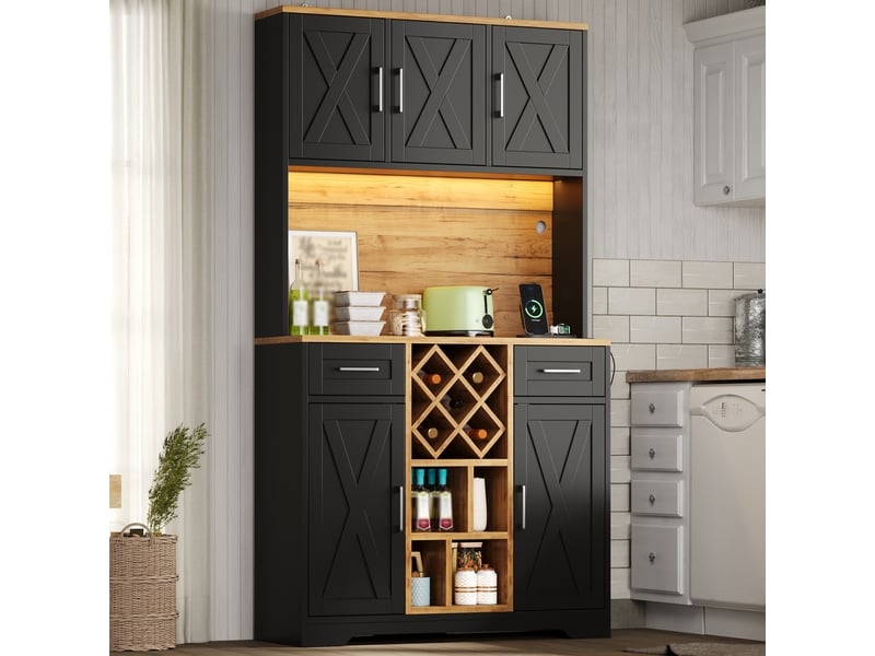  Armoire de cuisine haute - 105 x 40 x 180 cm - noir et bois - meuble de rangement vaisselier avec éclairage led et prises intégrées  - Conforama C