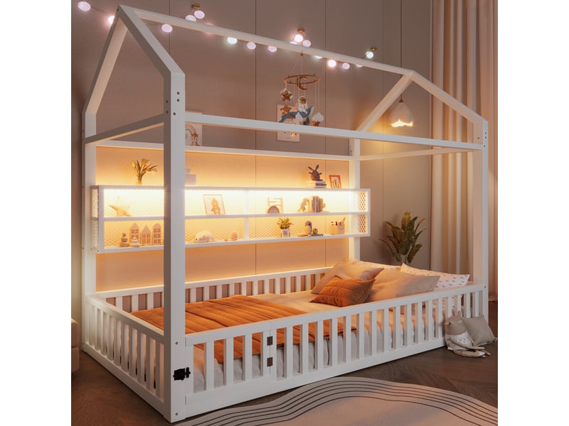  Lit cabane enfant 90 × 200 cm avec barrière de sécurité et led 7 couleurs, sans matelas, en métal, blanc  - Conforama C
