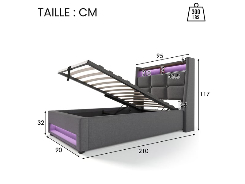  Lit coffre simple 90x200 cm en tissu avec rangement, usb et led réglable, matelas inclus, gris  - Conforama D
