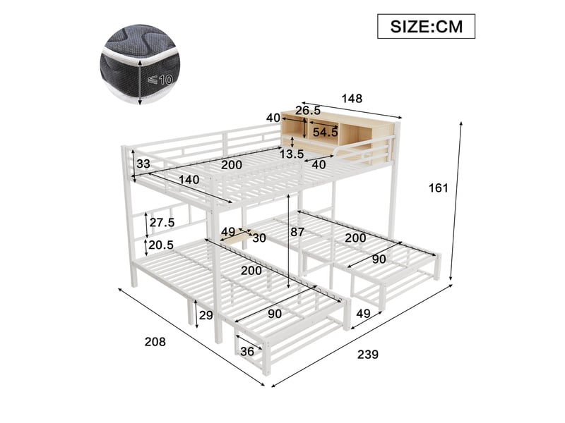 Lit superposé 140 × 200 cm et 90 × 200 cm, 3 places avec étagère et rangement chaussures, sans matelas, métal blanc - Conforama D