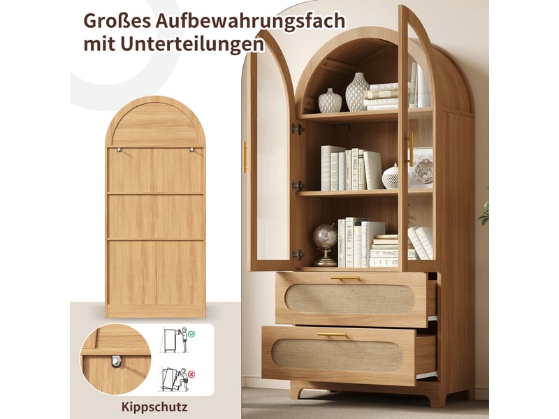 Lot de 2 vitrines chêne 80x40x175 cm chacune en mdf, 2 tiroirs chacune, portes vitrées et tablettes réglables - Conforama E