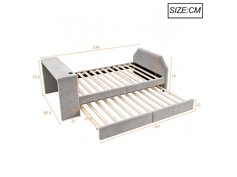  Lit enfant 90x200 cm avec bureau intégré, port usb et lit gigogne gris sans matelas  - Conforama C