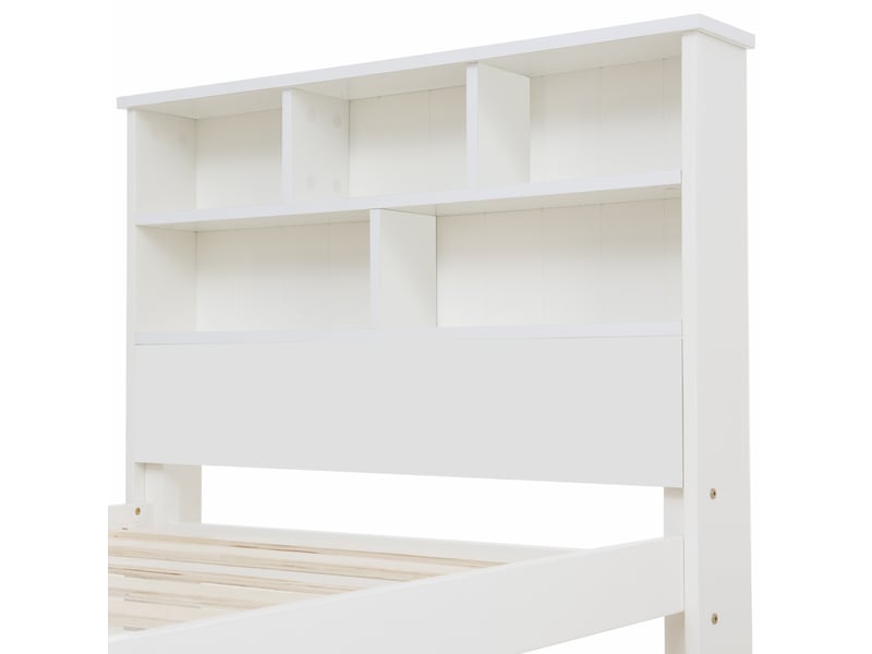  Lit simple en bois massif avec tiroirs et sommier à lattes, bibliothèque lit adolescent et adulte, 90x200cm blanc  - Conforama E