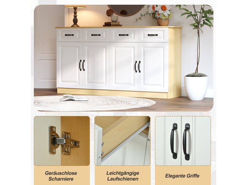  Buffet blanc, blanc et naturel, 160 × 35 × 80 cm, mdf, avec 4 portes, 4 tiroirs et 2 étagères, étagères réglables  - Conforama C