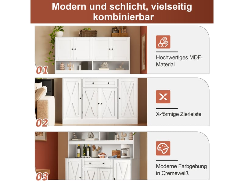  Grand buffet de cuisine - 140 x 40 x 185 cm - blanc cassé - vaisselier style campagne avec prises et tiroir  - Conforama E