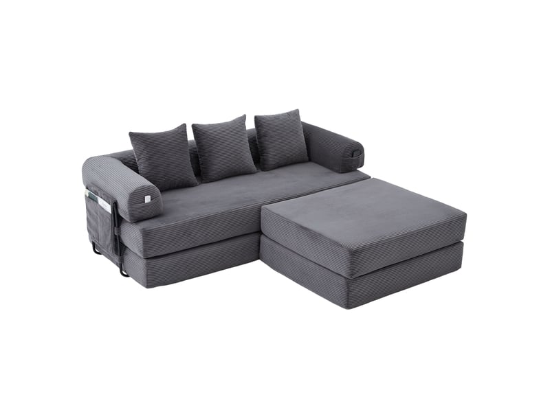  Canapé droit modulable convertible 3 places en velours côtelé gris foncé avec pouf et poche latérale  - Conforama A