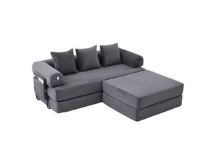 Canapé droit modulable convertible 3 places en velours côtelé gris foncé avec pouf et poche latérale