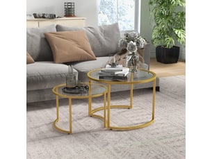 Lot de 2 tables basses gigognes rondes plateau trempé verre et pied en acier au carbone doré