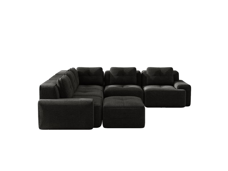  Canapé d’angle modulable 5 places en velours côtelé noir avec ottomane, 295 cm  - Conforama A