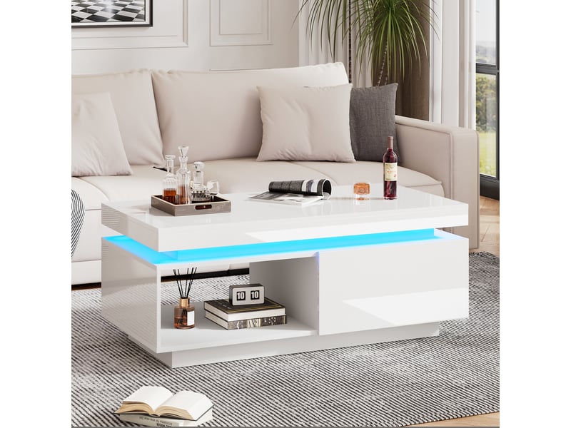  Table basse blanche brillante avec éclairage led et tiroir, 100x50x40,3 cm, en panneau de particules, blanc  - Conforama R