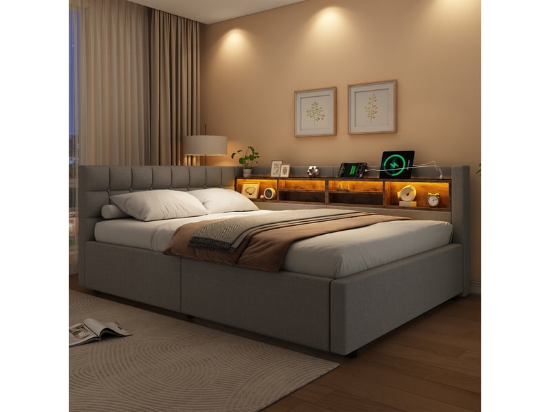 Lit banquette coffre 140x200 cm - lit double avec de rangement hydraulique, éclairage led dimmable, tête de lit étagère et prises usb, gris evarich - Conforama E