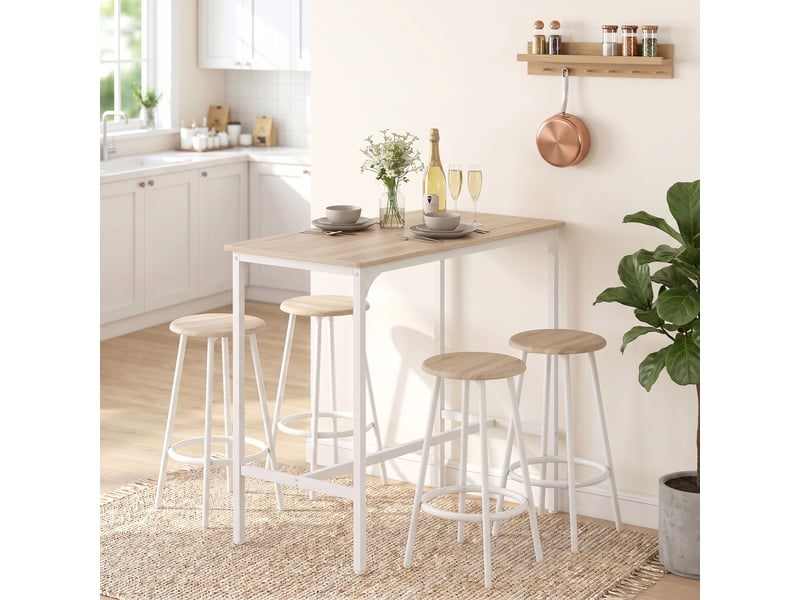 Ensemble table haute 5 pièces pour 4 personnes, style industriel, avec tabourets, pour cuisine et salle à manger, en chêne.  - Conforama C