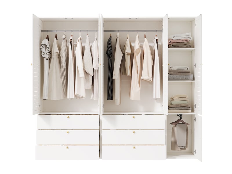Armoire 5 portes avec 6 tiroirs 225x50x200 cm en panneau de particules blanc - Conforama E