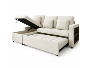 Canapé d'angle droit convertible <strong>MODENVIE</strong> <strong></strong> 3 places Tissu beige avec coffre de rangement