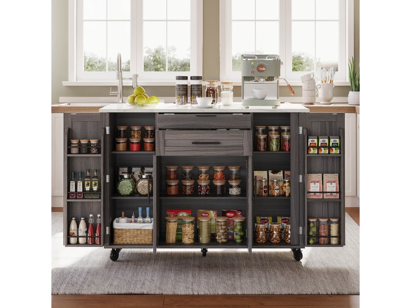  Desserte de cuisine à plateau rabattable, 2 tiroirs et 5 roulettes, en mdf gris, 136 × 70 × 92 cm  - Conforama B