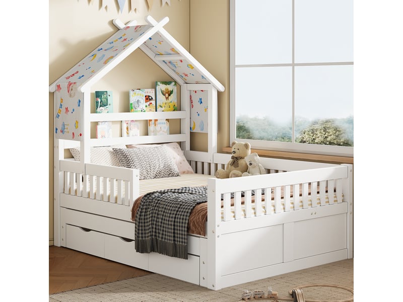 Lit cabane 140x200 cm, lit gigogne, lit enfant avec 3 tiroirs, barrières, pour chambre, pin et mdf, blanc sans matelas  - Conforama W