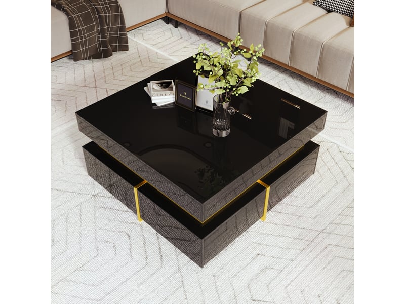  Table basse avec 2 tiroirs, finition brillante, décor doré, en panneaux de particules, noir, 70 × 70 × 35 cm - uvrion  - Conforama D