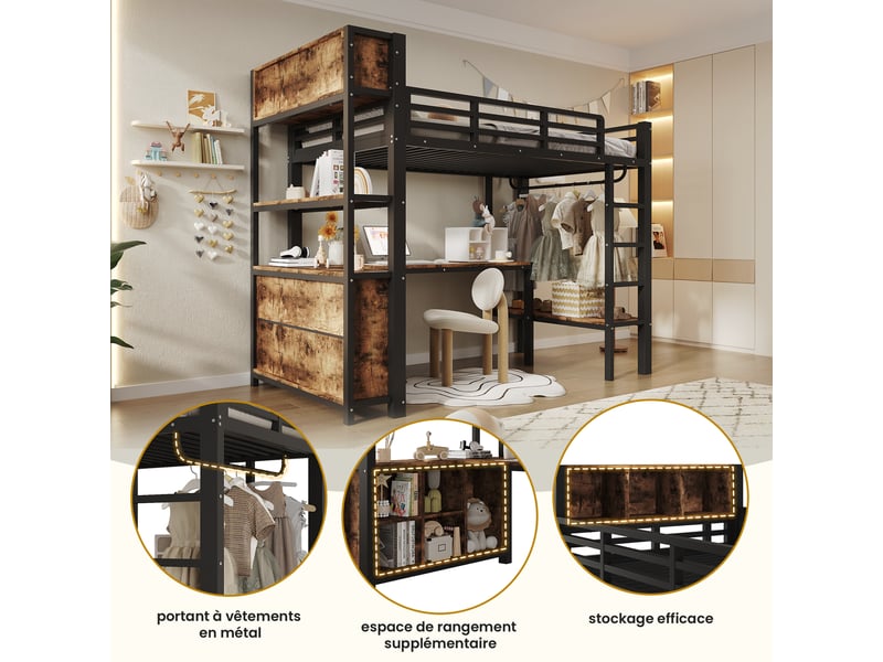  Lit mezzanine enfant 90x200 cm, bureau intégré, penderie, étagères et compartiments, barrière de sécurité, métal noir Radiant Stride - Conforama E