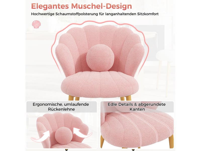  Chaise de salle à manger lot de 2, dossier coquillage et coussin rond, pieds en métal doré, tissu bouclé rose  - Conforama D