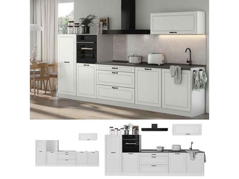 Vicco cuisine, blanc campagneblanc, 340cm plan de travail chêne doré - Conforama D