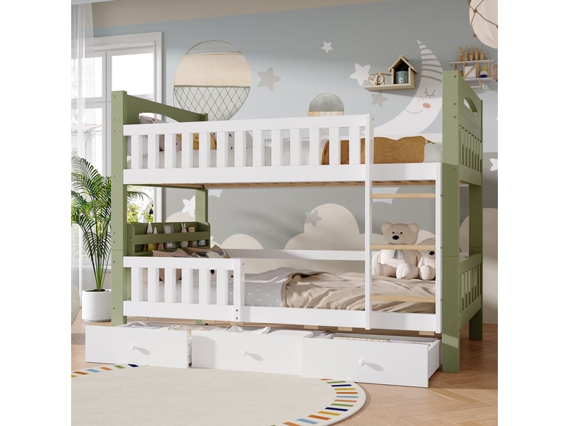  Lit superposé enfant 90x200 cm - avec 3 tiroirs - avec échelle - rayonnage de stockage - bois massif + mdf - blanc + vert (sans matelas)  - Conforama D