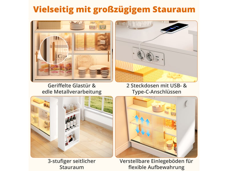  Table de bar extensible avec rangement, led et prises usb - lpospi - mdf blanc 131–170 × 40 × 170 cm  - Conforama E