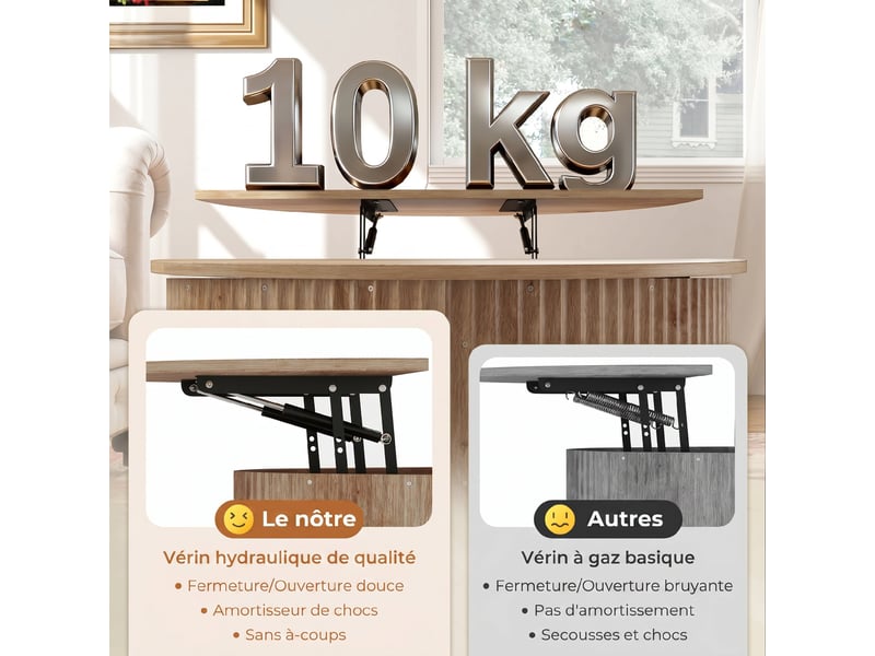  Table basse relevable, bois naturel, table de salon avec compartiment caché et plateau à fermeture douce  - Conforama R