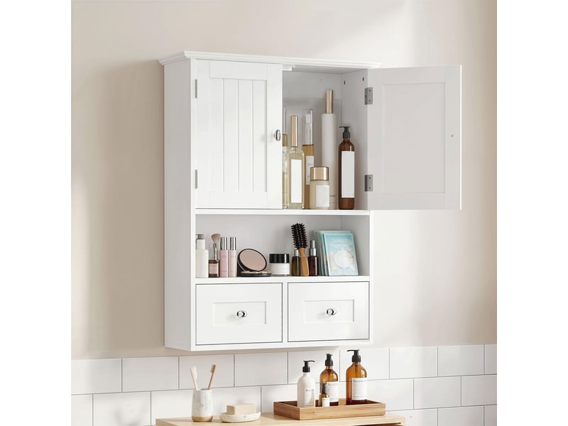  Armoire murale de salle de bain, armoire suspendue avec 2 portes et 2 tiroirs pour cuisine, 50,8 x 17,8 x 66 cm, blanche  - Conforama D