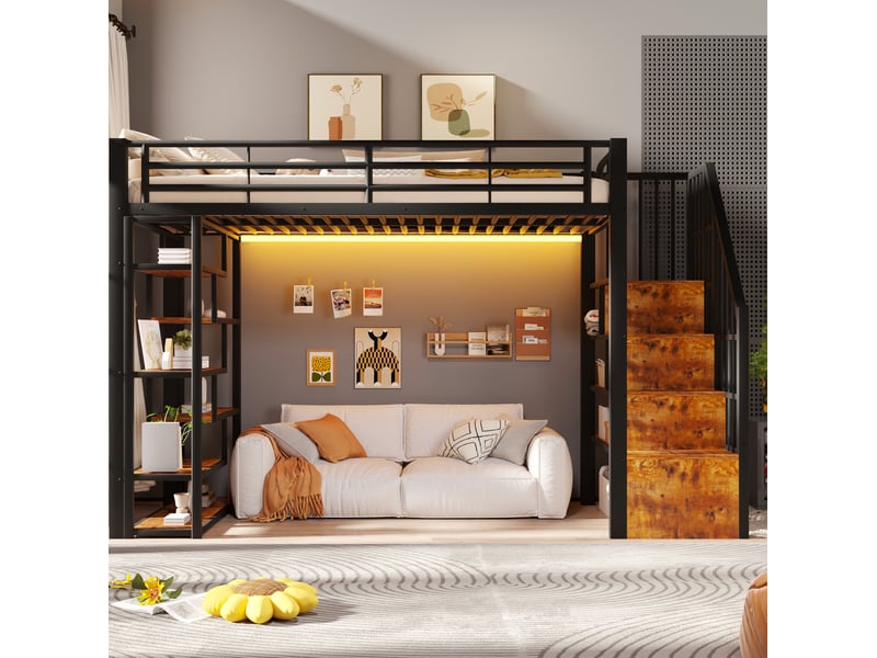  Lit mezzanine enfant 90x200 cm, led multicolore, escalier rangements, garde-corps, métal mdf noir sans matelas  - Conforama B