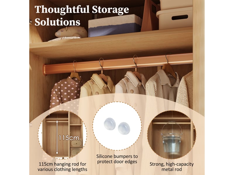  Armoire 120x48x161 cm avec penderie, portes en rotin, 2 tiroirs et étagères ouvertes, meuble en mdf et bois massif chêne OMNIGLINT TRADING LTD - Conforama E