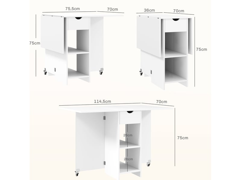  Table extensible avec 2 plateaux rabattables, 1 tiroir et 2 niches de rangement pour cuisine et salle à manger  - Conforama D