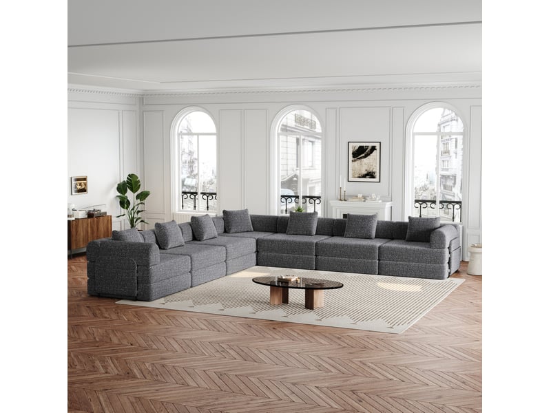  Canapé convertible 6 places en chenille gris avec rangement dans l'accoudoir, 274 x 183,8 x 69,8 cm  - Conforama C