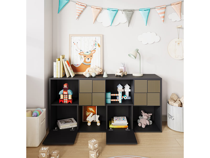  Bibliothèque - 125 x 30 x 60 cm - blanc ivoire - meuble de rangement avec portes à effet lattes et niches - meuble tv ou étagère polyvalent  - Conforama C